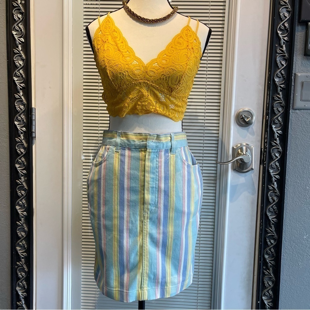 Escada E Sports vintage 80s high waist fruit stripe denim mini preppy skirt